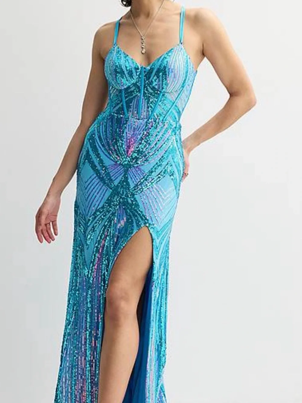 Turquoise Sequined Spaghetti-Strap Evening Gown size 7